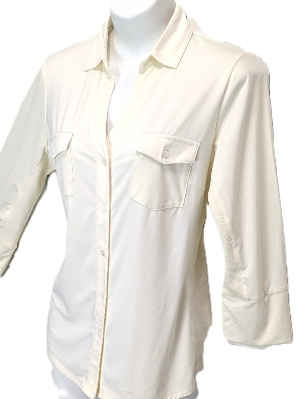 J. McLaughlin Ivory button front Brynn Knit stretch Blouse ribbed side Sz Med